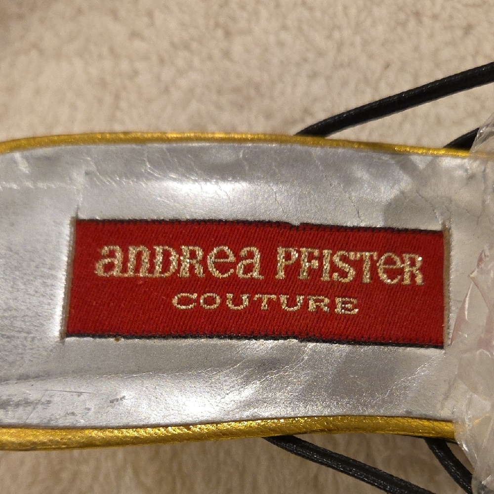 Andrea Pfister Metallic Gold Kitten Heel Mules w Decorative Gold Embellishments - Picture 2 of 6